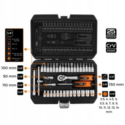 NEO Zestaw Kluczy Nasadowych 38 el. Grzechotka 1/4