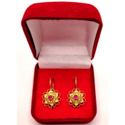 Złote kolczyki ażurowe kwiaty z rubinami PR.750 W:4,57gr InterSKLEP