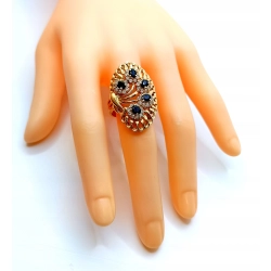 Złoty pierścionek z Szafirami Duże zdobienie Pr.585 W:9,46gr Roz.18