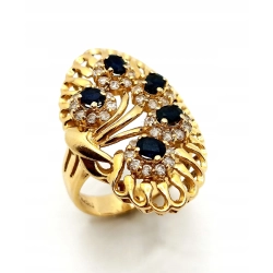 Złoty pierścionek z Szafirami Duże zdobienie Pr.585 W:9,46gr Roz.18