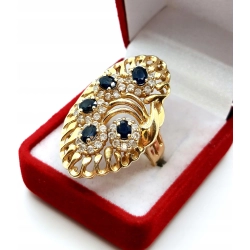 Złoty pierścionek z Szafirami Duże zdobienie Pr.585 W:9,46gr Roz.18