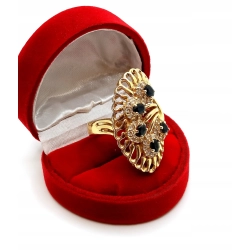 Złoty pierścionek z Szafirami Duże zdobienie Pr.585 W:9,46gr Roz.18