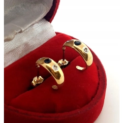 Złote kolczyki z diamentami i szafirami Pr.585 W:2,13gr kółka, sztyft