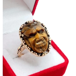 Złoty pierścionek sygnet z rzeźbą w Tygrysim Oku Pr.585 W:8,36gr R.17
