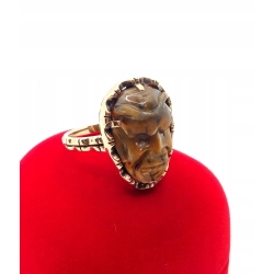 Złoty pierścionek sygnet z rzeźbą w Tygrysim Oku Pr.585 W:8,36gr R.17