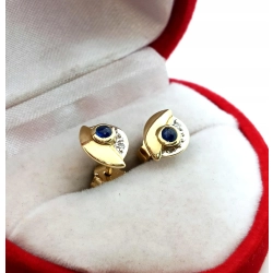 Złote kolczyki z szafirami i mini diamentami Pr.585 W:1,51gr sztyft