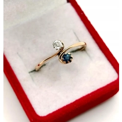 Złoty pierścionek Vintage Szafir i Diament 0,125ct Pr.585 W:1,55gr Roz.16